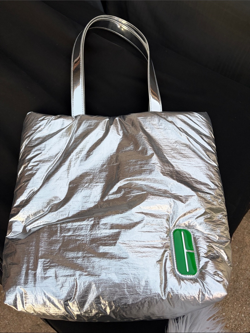 Silver Metallic Tote Bag with Green Accent